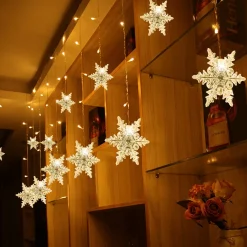 Merkloos Verlichte Kerstfiguren^Led Lichtgordijn Led Lichtsnoer Led Sneeuwvlokken Kerstverlichting Voor Binnen En Buiten Kerstdecoratie Kerstversiering 96Leds Ip44 8 Modi 3,5M Warm Wit