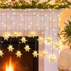 Merkloos Verlichte Kerstfiguren^Led Lichtgordijn Led Lichtsnoer Led Sneeuwvlokken Kerstverlichting Voor Binnen En Buiten Kerstdecoratie Kerstversiering 96Leds Ip44 8 Modi 3,5M Warm Wit