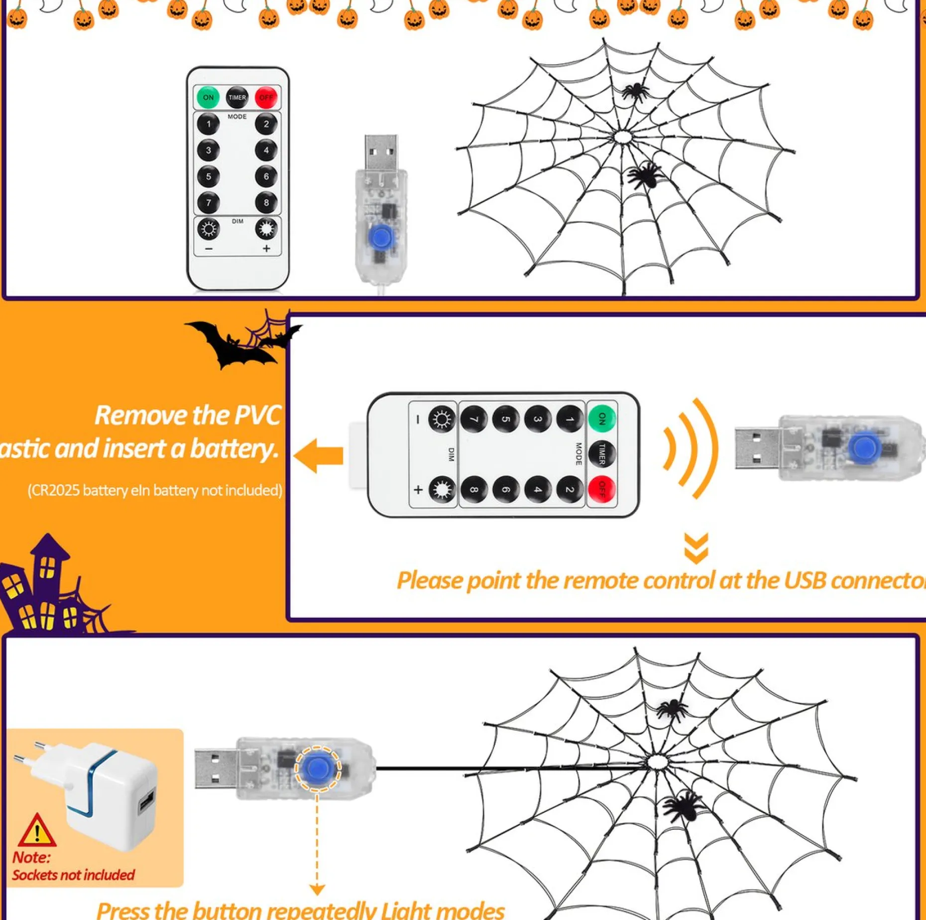 Merkloos Verlichte Kerstfiguren^Led Spinnenweb Halloween Fairy Lights Usb-Verlichting Duurzaam Griezelig En Mooi