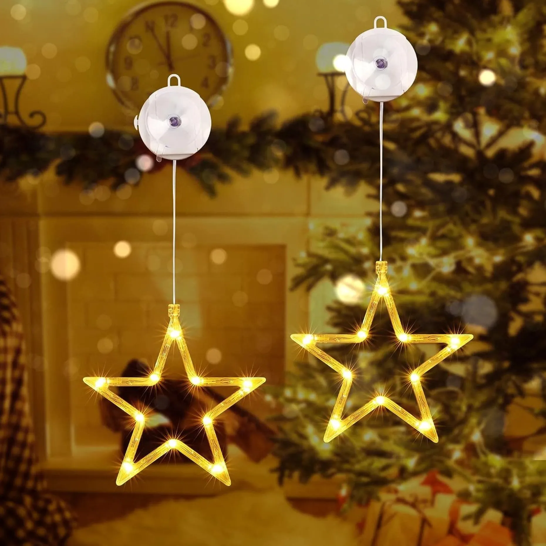 Selwo Verlichte Kerstfiguren^Led-Sterren, Kerstverlichting, 10 Leds, Voor Ramen, Werkt Op Batterijen, Met Zuignappen, Timer, Warmwit, Kerstster, Voor Binnen Voor Kerstdecoratie, Balkon, Feest, Bruiloft (2 Stuks)