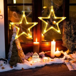 Selwo Verlichte Kerstfiguren^Led-Sterren, Kerstverlichting, 10 Leds, Voor Ramen, Werkt Op Batterijen, Met Zuignappen, Timer, Warmwit, Kerstster, Voor Binnen Voor Kerstdecoratie, Balkon, Feest, Bruiloft (2 Stuks)