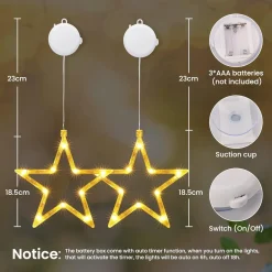 Selwo Verlichte Kerstfiguren^Led-Sterren, Kerstverlichting, 10 Leds, Voor Ramen, Werkt Op Batterijen, Met Zuignappen, Timer, Warmwit, Kerstster, Voor Binnen Voor Kerstdecoratie, Balkon, Feest, Bruiloft (2 Stuks)