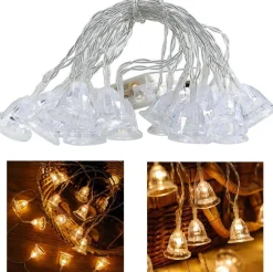 Telestore Kerstlichtsnoeren^Licht Snoer Lichtslinger - Led Lampjes - Klokken Kerstmis Belletjes - Sfeerverlichting - Feestverlichting - Warm Wit - 10 Led Lampjes Op Battterij - 2 Meter