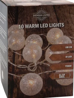 Svenska Living Kerstlichtsnoeren^Lichtsnoer 10 Witte Glitter Bollen D5 Cm -Warm Wit - Batterij- 135 Cm