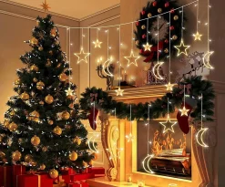 LIXIN Lichtgordijnen^ Kerstverlichting - Sterren En Maan - Warmwit - Sterrengordijn - Buiten & Binnen - Kerst - Kerststerren - Feest Licht Gordijn - Energie Zuining - Decoratieverlichting - Home Accessories