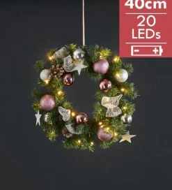 Star Trading Luxe Midi Kerstkrans Verlicht "Roze" 40Cm -Lichtkleur: Warm Wit -Werkt Op Batterijen -Met Timer Functie -Kerstdecoratie Store