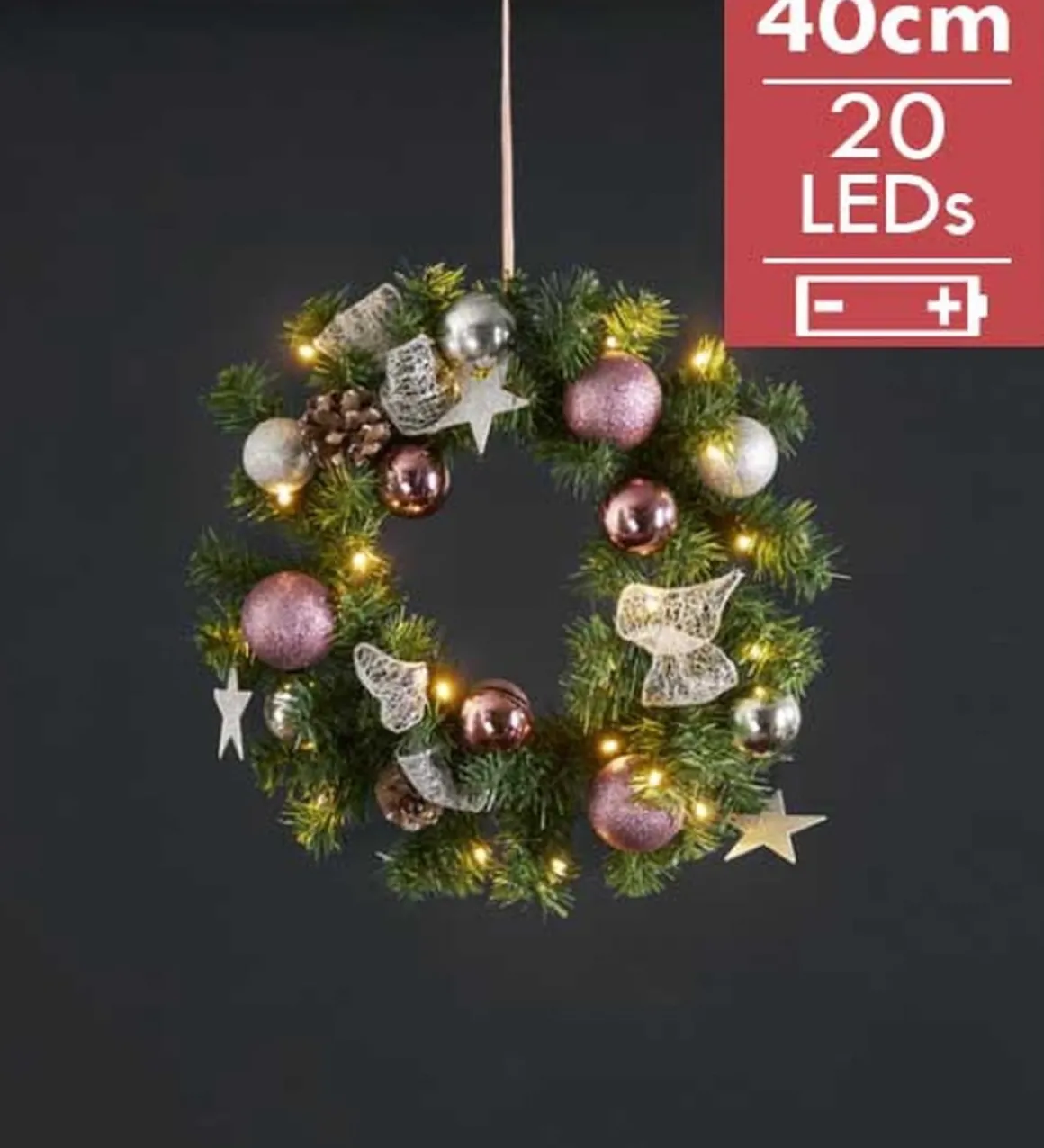 Star Trading Luxe Midi Kerstkrans Verlicht "Roze" 40Cm -Lichtkleur: Warm Wit -Werkt Op Batterijen -Met Timer Functie -Kerstdecoratie Store
