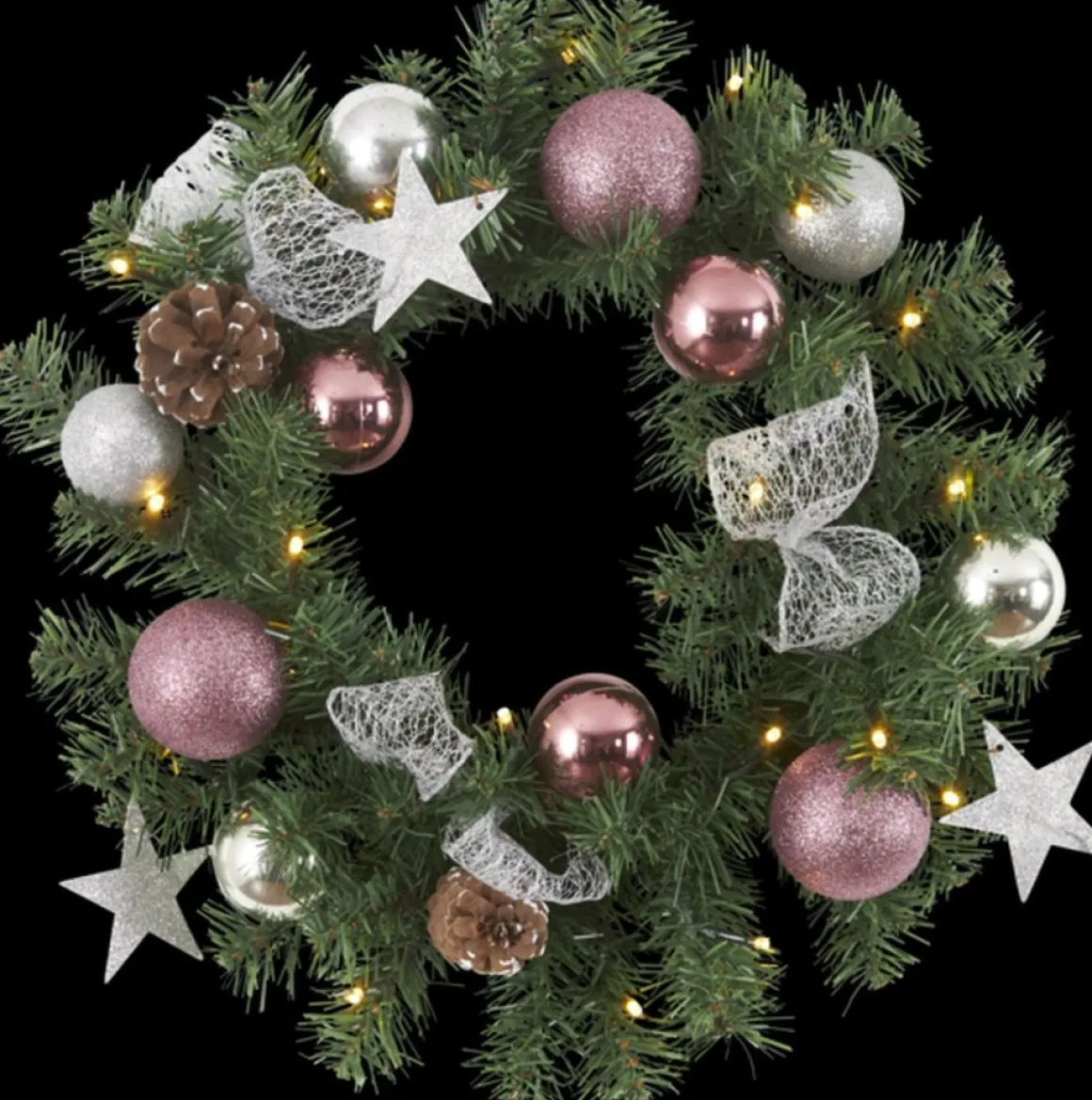 Star Trading Luxe Midi Kerstkrans Verlicht "Roze" 40Cm -Lichtkleur: Warm Wit -Werkt Op Batterijen -Met Timer Functie -Kerstdecoratie Store