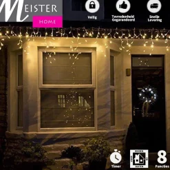 Meisterhome Lichtgordijnen^® Ijsregen Kerstverlichting Lichtgordijn - 8 Meter Ijspegel - 400 Led Warm Wit - Met 8 Functies En Timer - Ijspegelverlichting Buiten