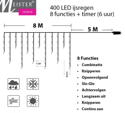 Meisterhome Lichtgordijnen^® Ijsregen Kerstverlichting Lichtgordijn - 8 Meter Ijspegel - 400 Led Warm Wit - Met 8 Functies En Timer - Ijspegelverlichting Buiten