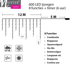 Meisterhome Lichtgordijnen^® Ijsregen Kerstverlichting Lichtgordijn - 12 Meter Ijspegel - 600 Led Warm Wit - Met 8 Functies En Timer - Ijspegelverlichting Buiten