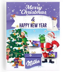 Milka Adventskalenders^ Adventskalender - Adventkalender 2023 - 24 Overheerlijke Chocolaatjes - 4 Verschillende Smaken Chocolade - Het Perfecte Kerstcadeau - "Fijne Feestdagen"