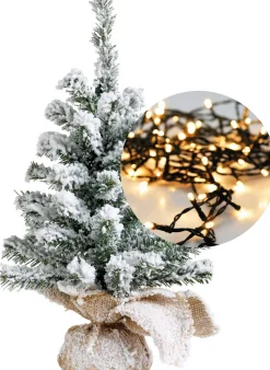 Everlands Kunstkerstbomen^Mini Kerstboom Besneeuwd 45 Cm - Met Kerstverlichting 300 Cm - 40 Leds