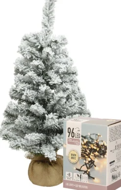 Everlands Kunstkerstbomen^Mini Kerstboom - 60 Cm - Met Sneeuw En Kerstverlichting