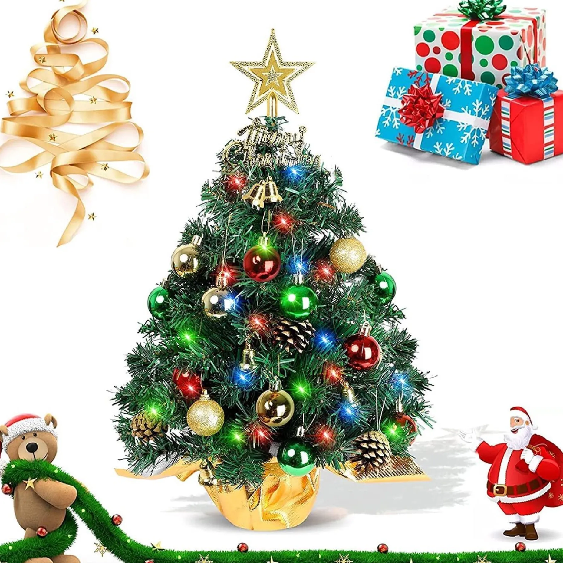 Selwo Kunstkerstbomen^Mini-Kerstboom, 45 Cm, Mini-Kerstboom Voor Tafel, Miniatuur, Mini-Kerstboom Met Led-Lichtsnoer, Kunstkerstboom, Kleine Kerstdecoratie