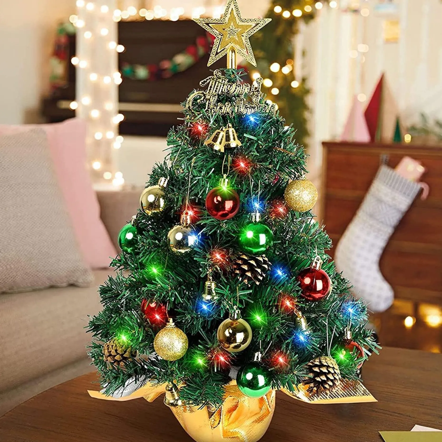 Selwo Kunstkerstbomen^Mini-Kerstboom, 45 Cm, Mini-Kerstboom Voor Tafel, Miniatuur, Mini-Kerstboom Met Led-Lichtsnoer, Kunstkerstboom, Kleine Kerstdecoratie