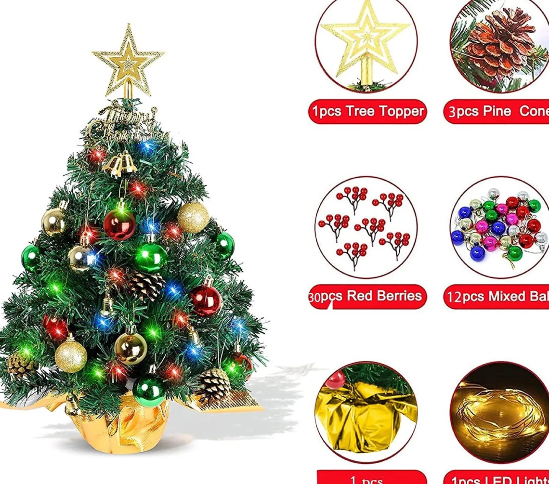Selwo Kunstkerstbomen^Mini-Kerstboom, 45 Cm, Mini-Kerstboom Voor Tafel, Miniatuur, Mini-Kerstboom Met Led-Lichtsnoer, Kunstkerstboom, Kleine Kerstdecoratie