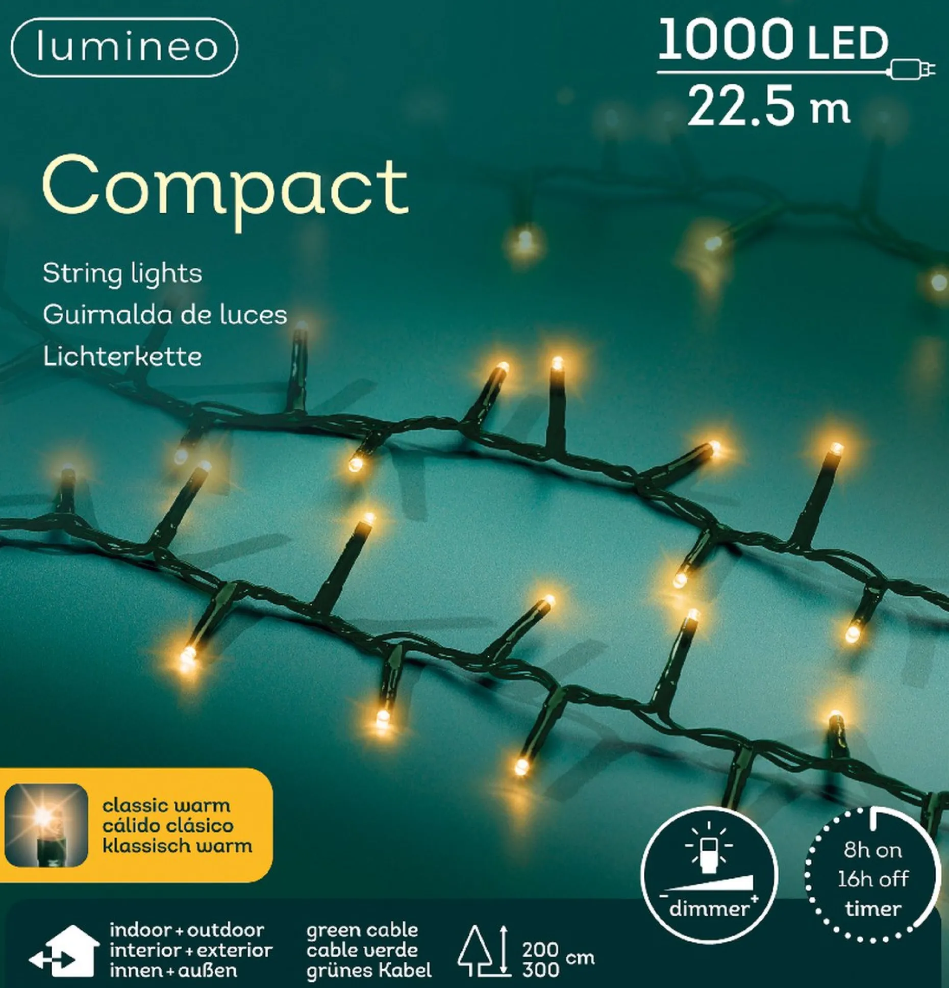 Lumineo Kerstlichtsnoeren^22,5M Led Compact Kerstverlichting - Steady - 1000 Lampjes - Goud - Dimbaar 22.5 Cm