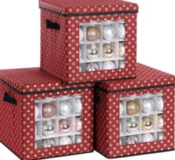 medina Kerstspullen Opbergers^Nancy's Hamon Opbergdozen - Kerstballen - Set Van 3 - Opvouwbaar - 64 Vakjes Per Doos - Rood - 30,5 X 30,5 X 30,5 Cm
