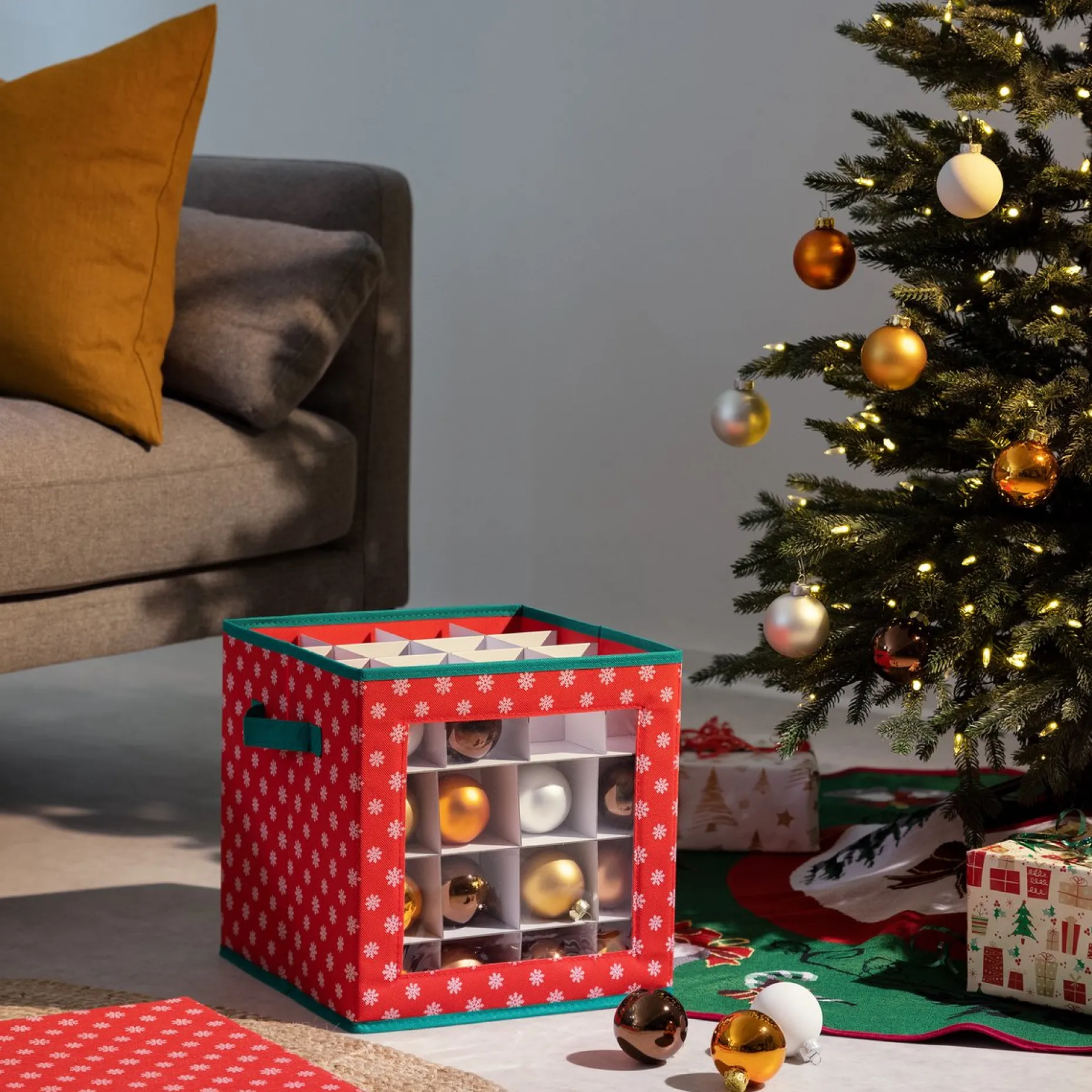 Merkloos Kerstspullen Opbergers^Navaris Opvouwbare Kerstballen Opslag Doos - Kerstboom Ornamenten Container Met Feestelijk Ontwerp - Geschikt Voor 64 Kerstornamenten En Decoraties
