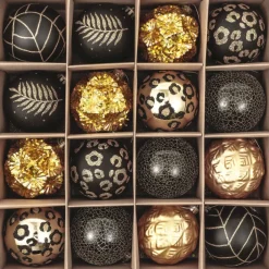JMP Prachtige Kerst® - Kerstballen - 16 Delige Set - Kerstversiering - Kerstboomdecoratie - Kerstornamenten Goud, Zwart, Luipaard New