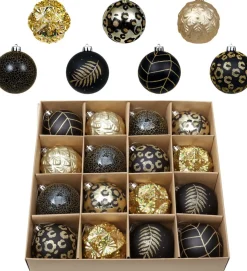 JMP Prachtige Kerst® - Kerstballen - 16 Delige Set - Kerstversiering - Kerstboomdecoratie - Kerstornamenten Goud, Zwart, Luipaard New