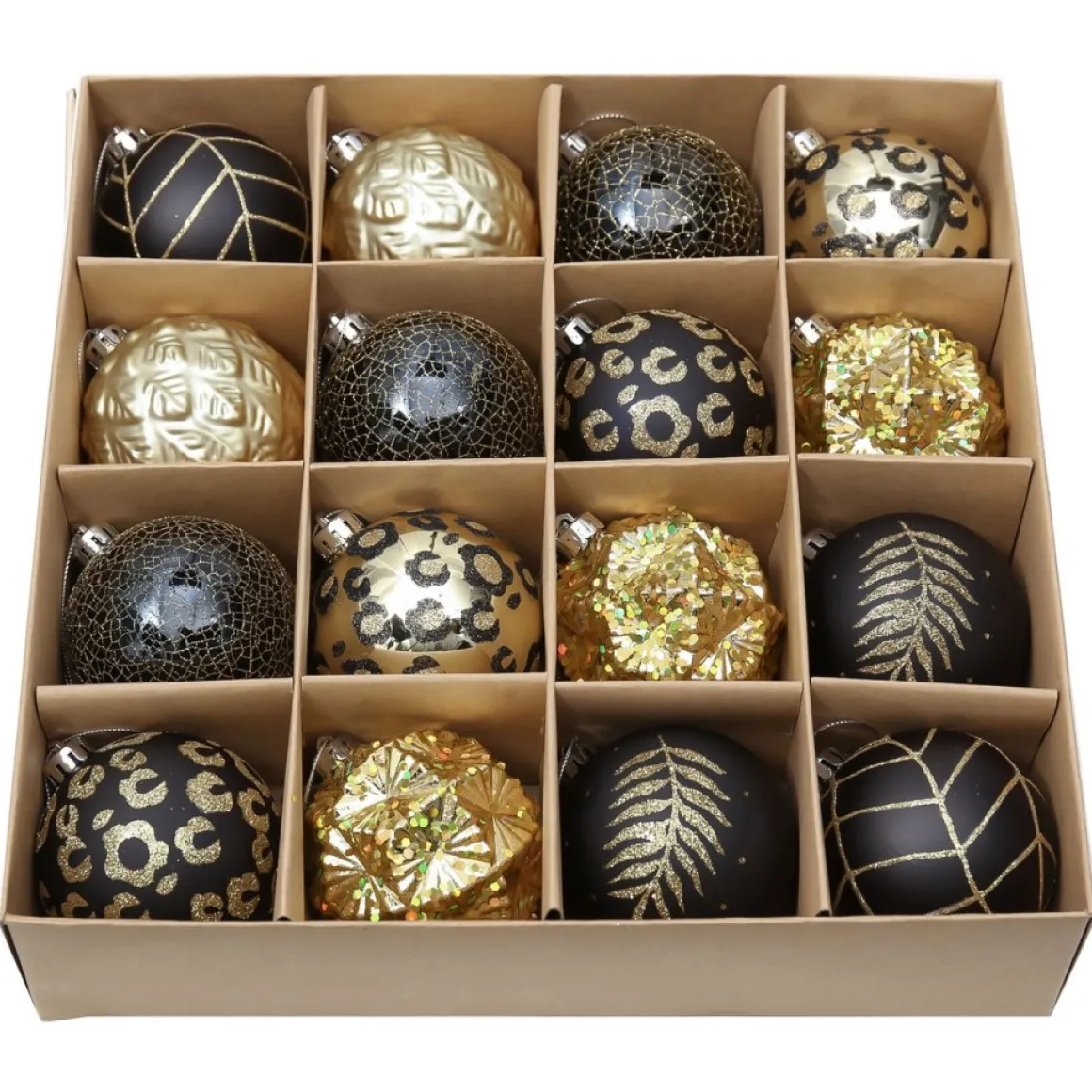 JMP Prachtige Kerst® - Kerstballen - 16 Delige Set - Kerstversiering - Kerstboomdecoratie - Kerstornamenten Goud, Zwart, Luipaard New