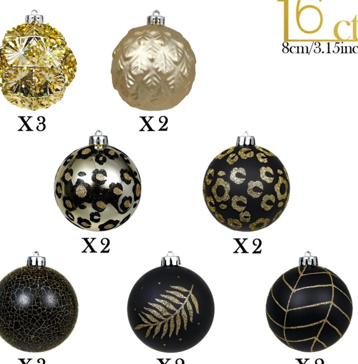 JMP Prachtige Kerst® - Kerstballen - 16 Delige Set - Kerstversiering - Kerstboomdecoratie - Kerstornamenten Goud, Zwart, Luipaard New