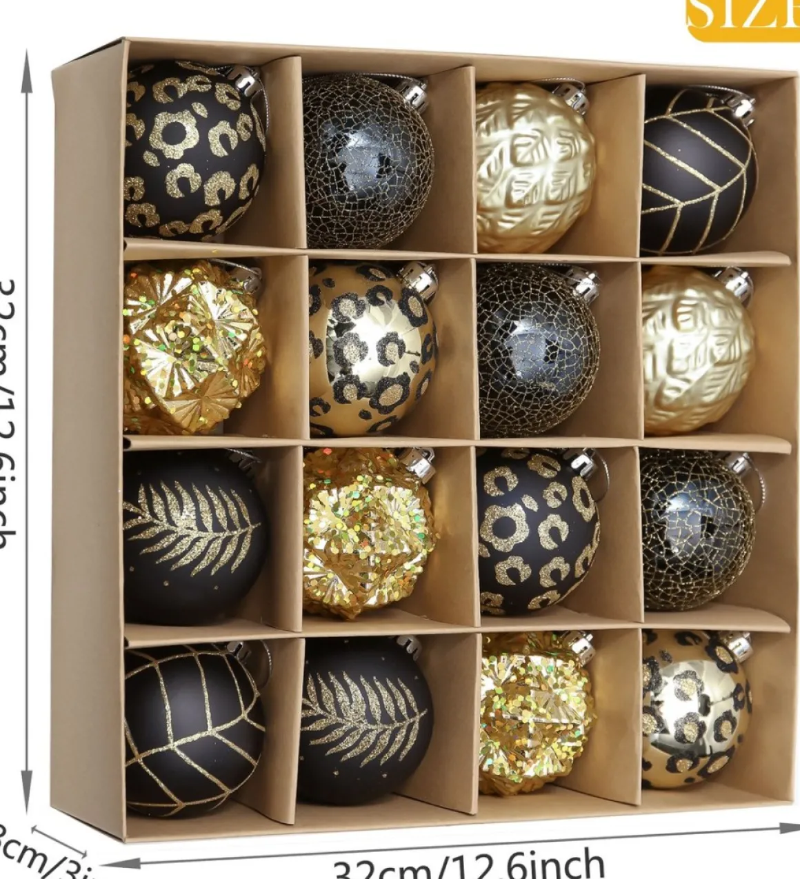 JMP Prachtige Kerst® - Kerstballen - 16 Delige Set - Kerstversiering - Kerstboomdecoratie - Kerstornamenten Goud, Zwart, Luipaard New