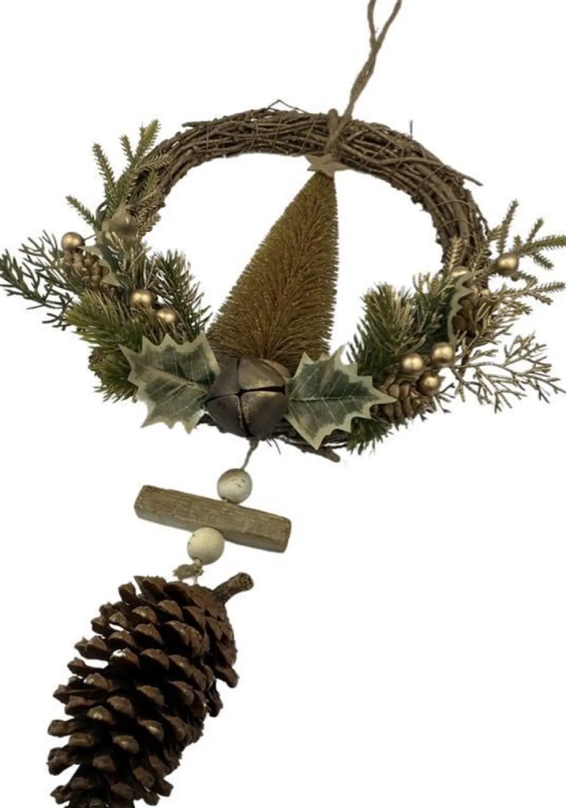WDMT Rotan Kerstkrans - Gold Berry | O 39 Cm | Decoratieve Kerstkans Gemaakt Uit Rotan En Dennenappels Met Kerstboom | Goud Sale