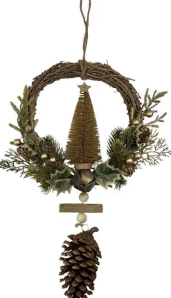 WDMT Rotan Kerstkrans - Gold Berry | O 39 Cm | Decoratieve Kerstkans Gemaakt Uit Rotan En Dennenappels Met Kerstboom | Goud Sale