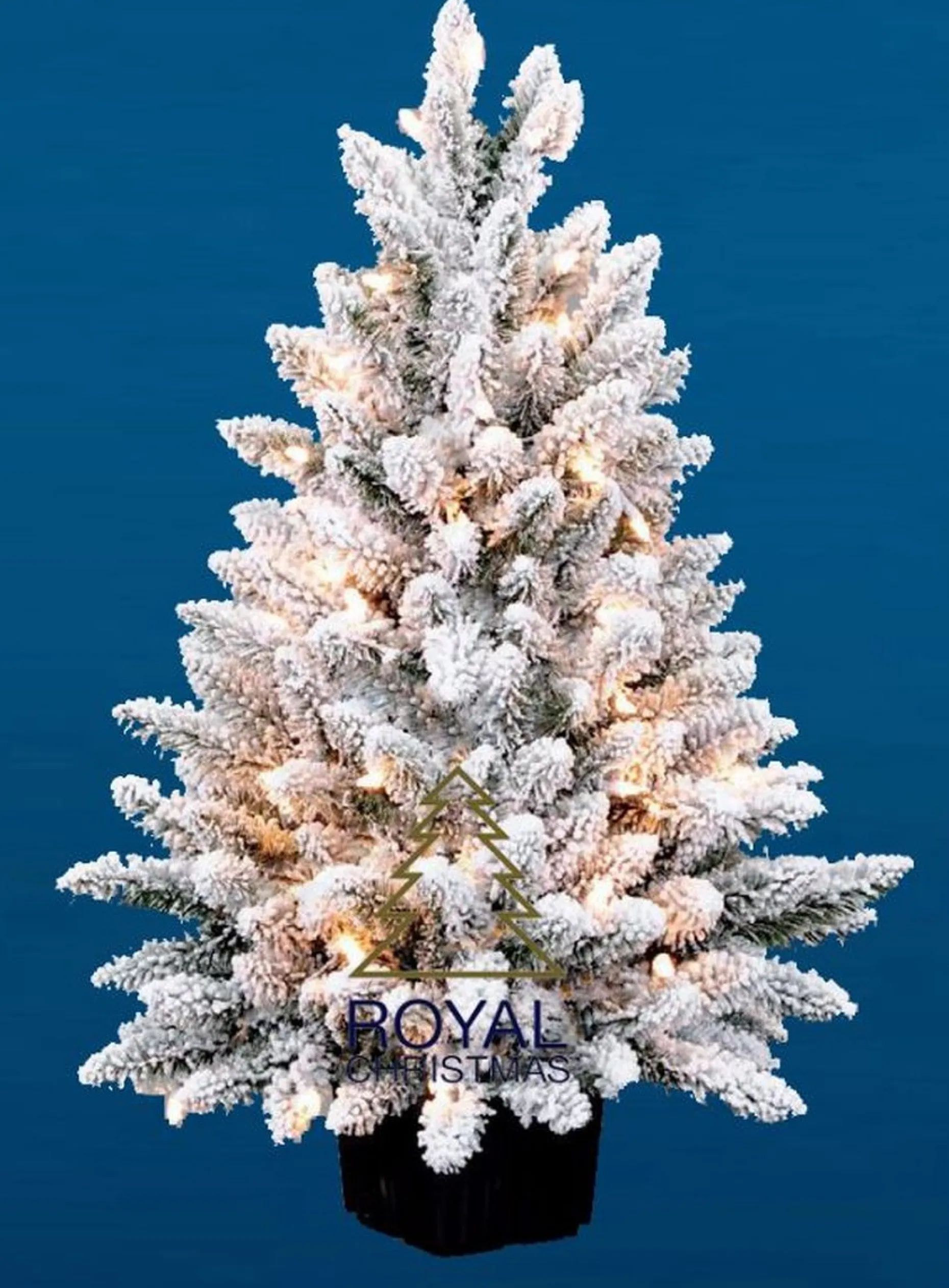 Royal Christmas Kunstkerstbomen^ - Flock / Sneeuw Kunstkerstboom In Plastic Pot - Lengte 105 Cm - Met Warm Led Batterij Verlichting - Met Sneeuw - 122 Takken