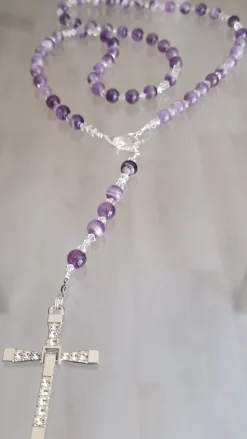 CrystalDesign Rozenkrans, Paternoster Gemaakt Met Amethist En Kristallen Van Swarovski, Gebedssnoer, Rozenkransgebed, Kruisteken, Meditatie, Spiritueel, Geloof, Geloofsteken, Cadeau, Ketting, Kruis, Gebed, Gebedssnoer, Gebedsketting, Kerstpakket Cadeau Discount