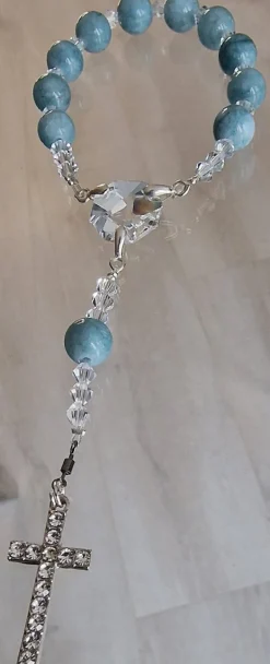 CrystalDesign Rozenkrans - Tientje - Paternoster, Gemaakt Met O.A. Swarovski Kristallen En Aquamarijn Kralen (Gebedssnoer, Kerst, Eerste Communie, Geloof, Ketting, Hanger, Kruisteken, Kruis, Meditatie, Mediteren, Gebed, Gebeden, Spiritueel) Outlet