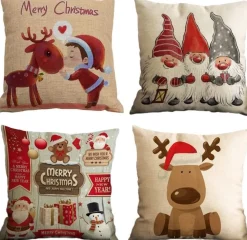 * Set Van 4 - Kerst Kussensloop - Katoen En Linnen Materiaal - Decoratieve Print - Kerstboom, Kerst Herten, Kerstman Motief - Sofa Kussenhoes - 45Cm X 45Cm Shop