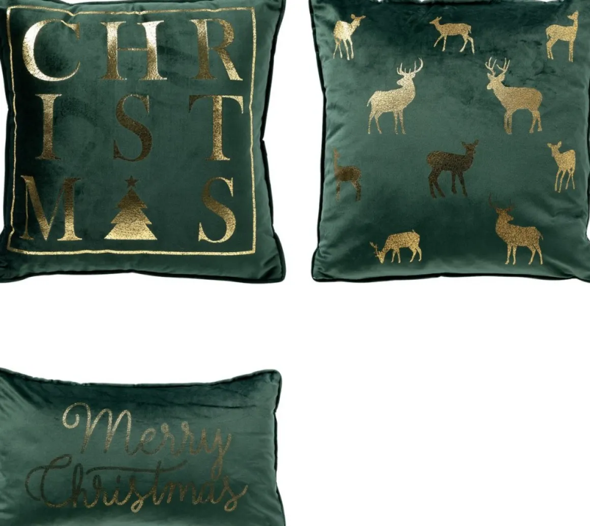 Sierkussen.nl Set Van 3 Kerst Sierkussens - Groen En Goud - 1X Deer - 1X Christmas - 1X Merry - Inclusief Polyester Vulling - Zachte Stoffen - Sfeerkussens Outlet