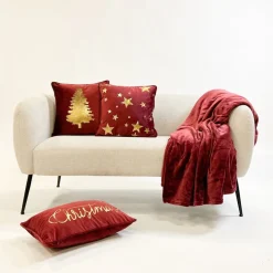 Sierkussen.nl Set Van 2 Kerst Sierkussens - Rood En Goud - 1X Tree - 1X Merry Christmas - Inclusief Polyester Vulling - Zachte Stoffen - Sfeerkussens Online