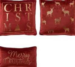 Sierkussen.nl Set Van 3 Kerst Sierkussens - Rood - Goud - 1X Merry Christmas - 1X Christmas - 1X Deer - Inclusief Polyester Vulling - Zachte Stoffen - Sfeerkussens Cheap