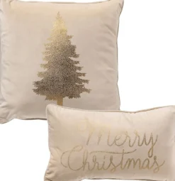 Sierkussen.nl Set Van 2 Kerst Sierkussens - Wit En Goud - 1X Tree - 1X Merry Christmas - Inclusief Polyester Vulling - Zachte Stoffen - Sfeerkussens Best Sale