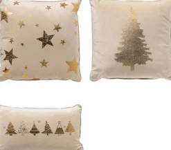 Sierkussen.nl Set Van 3 Kerst Sierkussens - Wit - Goud - 1X Tree - 1X Stars - 1X Trees - Inclusief Polyester Vulling - Zachte Stoffen - Sfeerkussens Store