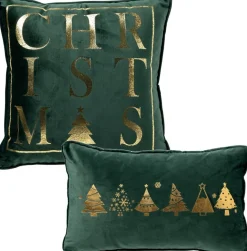 Sierkussen.nl Set Van 2 Sierkerst Kussens - Groen En Goud - 1X Christmas - 1Xtrees - Inclusief Polyester Vulling - Zachte Stoffen - Sfeerkussens Online