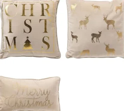 Sierkussen.nl Set Van 3 Sierkerst Kussens - Wit En Goud - 1X Deer - 1X Christmas - 1X Merry - Inclusief Polyester Vulling - Zachte Stoffen - Sfeerkussens Cheap