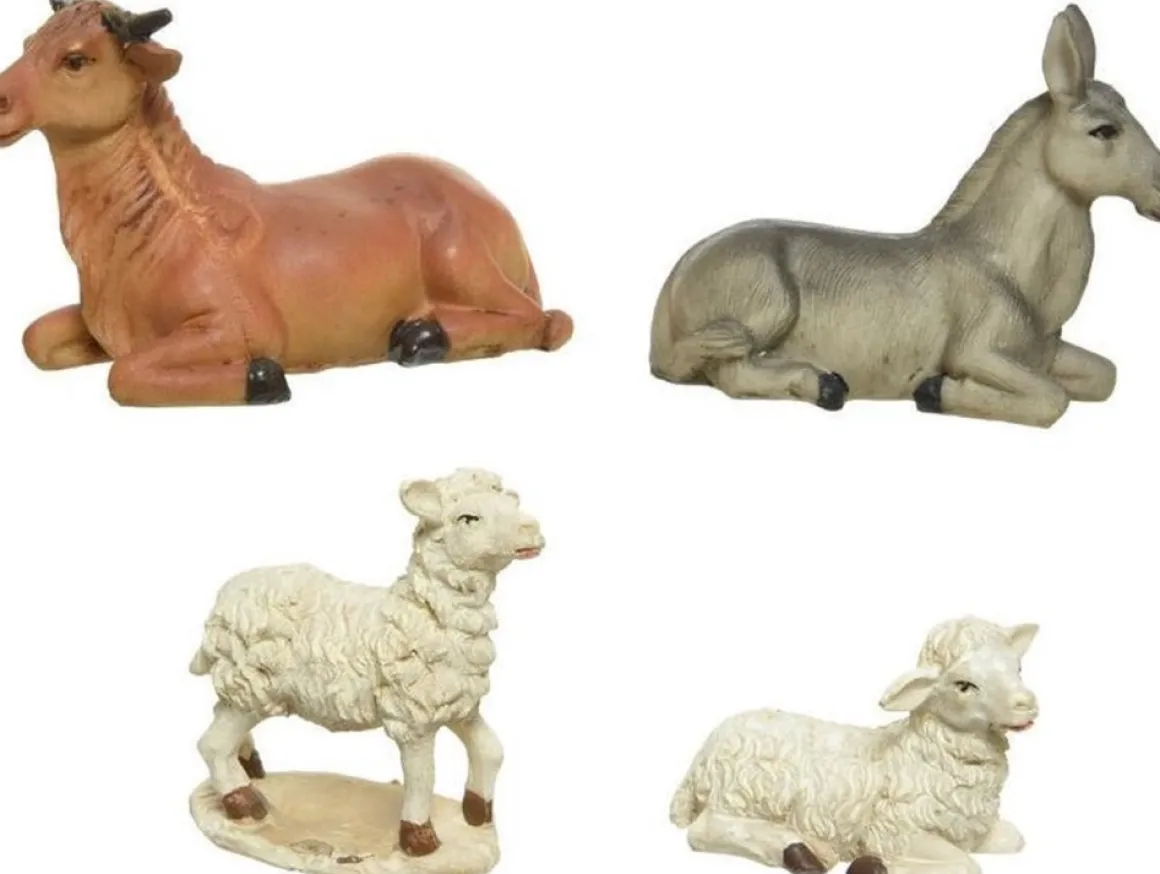 Bellatio Decorations Set Van 4 Stuks Polystone Dierenbeeldjes Os, Ezel En Schapen 12 Cm - Polystone Dieren / Kerststal Dierenbeeldjes Flash Sale