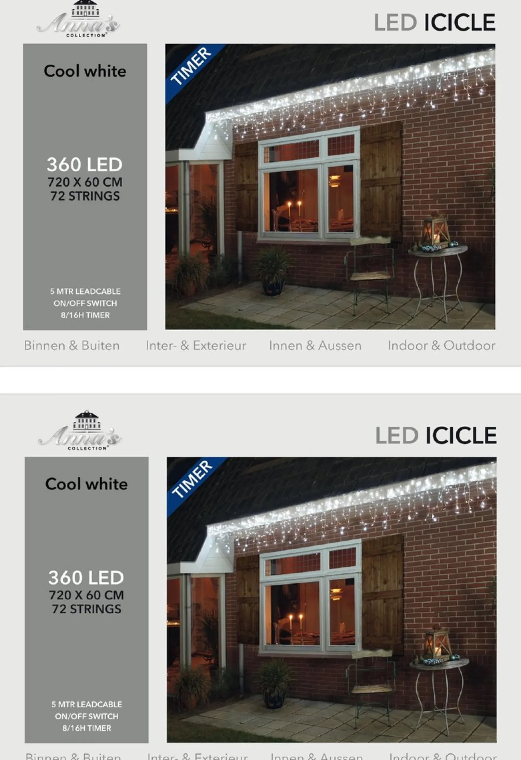 Anna's Collection Kerstlichtsnoeren^Set Van 2X Stuks Ijspegelverlichting Lichtsnoer Met 360 Lampjes Helder Wit 720 X 60 Cm - Kerstverlichting Ijspegel Lampjes