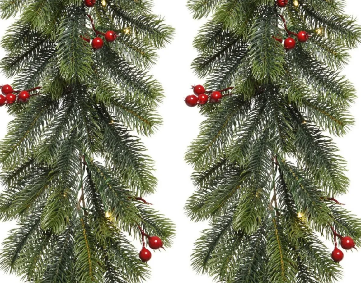 Decoris Set Van 2X Stuks Kerst Dennenslinger/Dennenguirlandes Groen Met Decoratie 30 X 180 Cm - Kerstslingers Outlet
