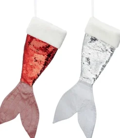 Merkloos Set Van 2X Stuks Kerstversiering Kerstsokken Zeemeerminnen Staart Zilver/Rood 45 Cm Store