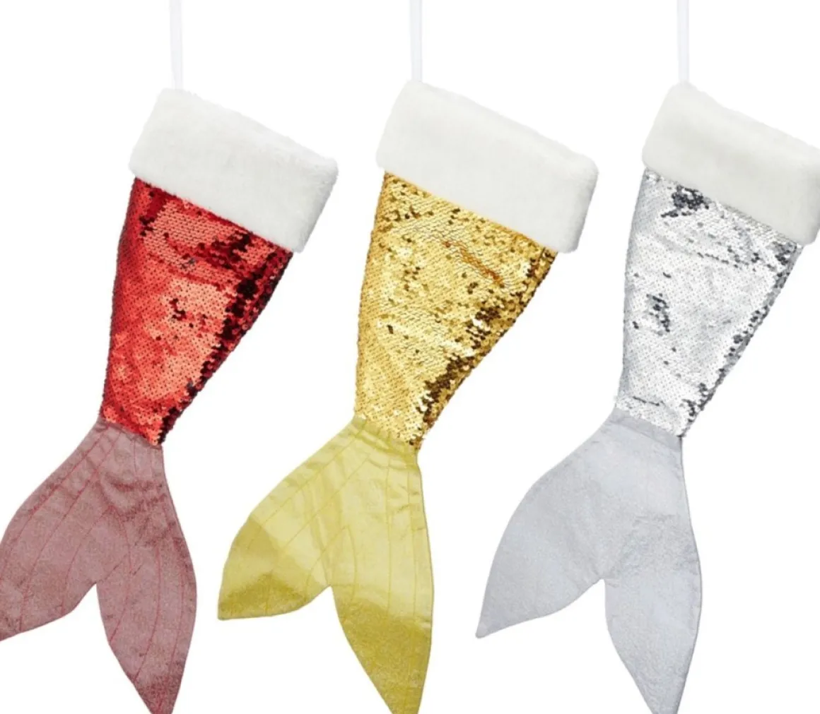 Merkloos Set Van 3X Stuks Kerstversiering Kerstsokken Zeemeerminnen Staart Zilver/Rood/Goud 45 Cm Online