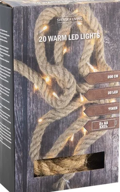 Svenska Living Kerstlichtsnoeren^Set Van 2X Stuks Touwverlichting Jute Op Batterijen Met 20 Lampjes Warm Wit 200 Cm - Kerstverlichting Lichtsnoeren Kerstversiering