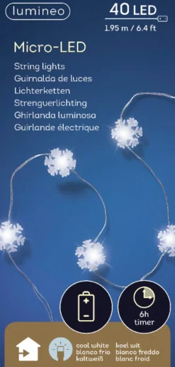 Lumineo Kerstlichtsnoeren^Sneeuwvlokken Lichtsnoeren Met Timer 40 Lampjes Wit Op Batterij - Sneeuwvlok Verlichting - Kerstlampjes/Kerstlichtjes