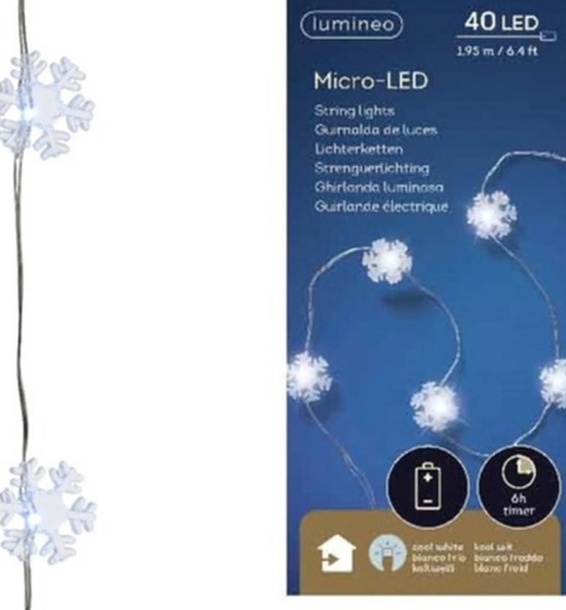 Lumineo Kerstlichtsnoeren^Sneeuwvlokken Lichtsnoeren Met Timer 40 Lampjes Wit Op Batterij - Sneeuwvlok Verlichting - Kerstlampjes/Kerstlichtjes